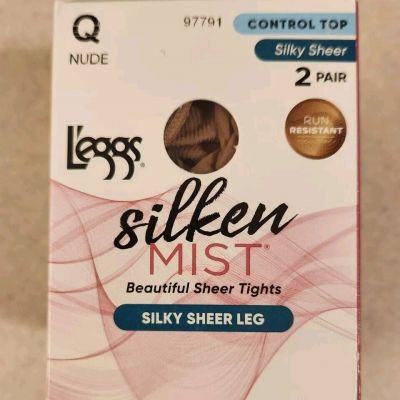 Leggs Silken Mist 2 PAIRS Silky Sheer Leg Tights Q NUDE Control Top 97791